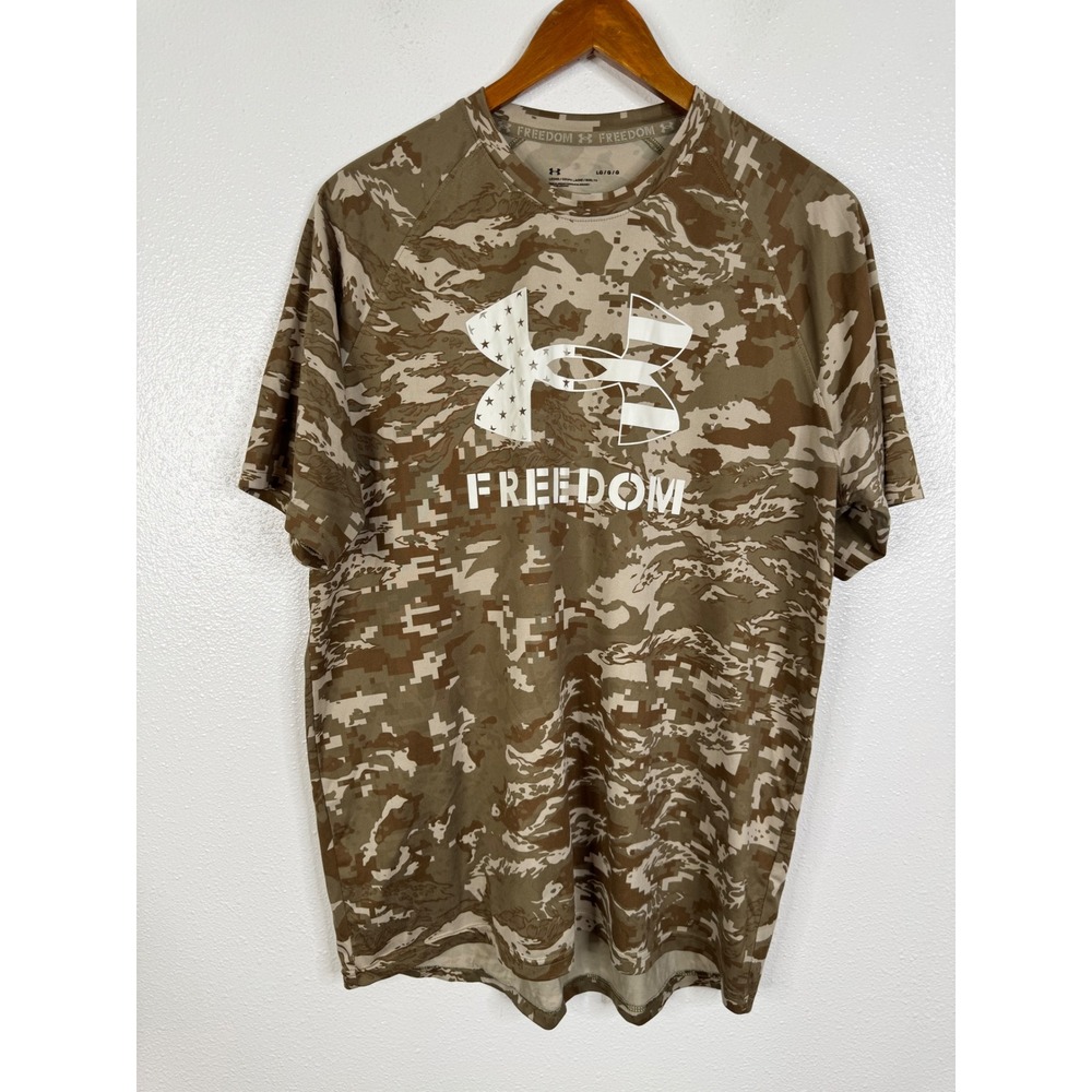 Under Armour Freedom Mens Large Camo Desert Digital Logo Tech T-Shirt Brown